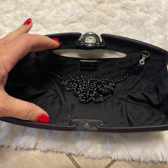 RODO satin Swarovski clutch shell evening bag / chain shoulder strap gunmetal - Picture 6 of 14
